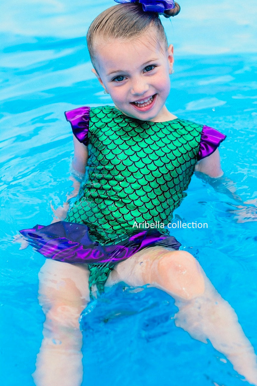 Mermaid One Piece Ruffle Bottom Swimsuit Leotard - Green/Purple - Aribella Collection, Inc.