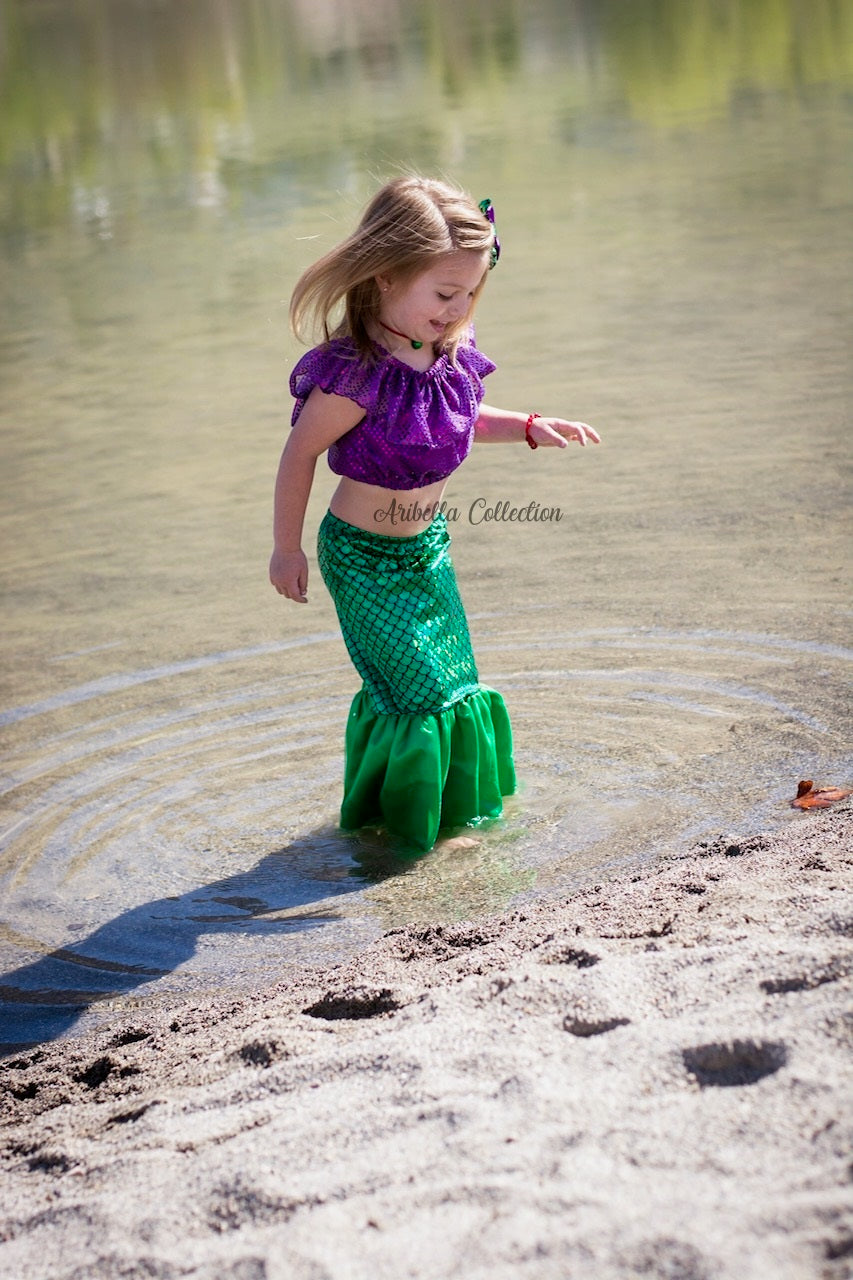 Mermaid Outfit Set - Confetti Dot Top, Tail Skirt, & Hair Clip Bow - Aribella Collection, Inc.