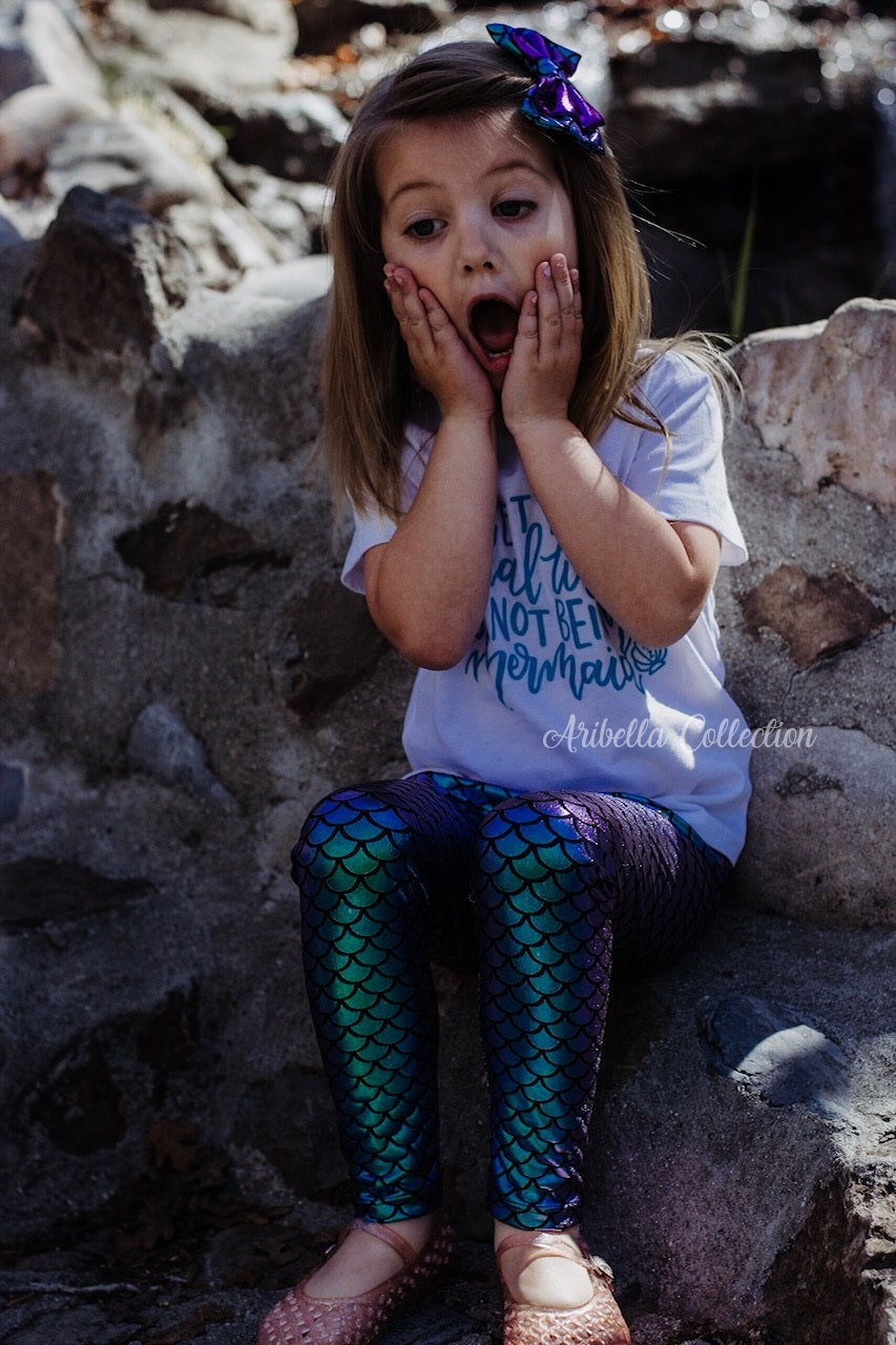 Mermaid Glitter Bodysuit or T-shirt, Legging, & Hair Clip Bow Outfit - Aribella Collection, Inc.
