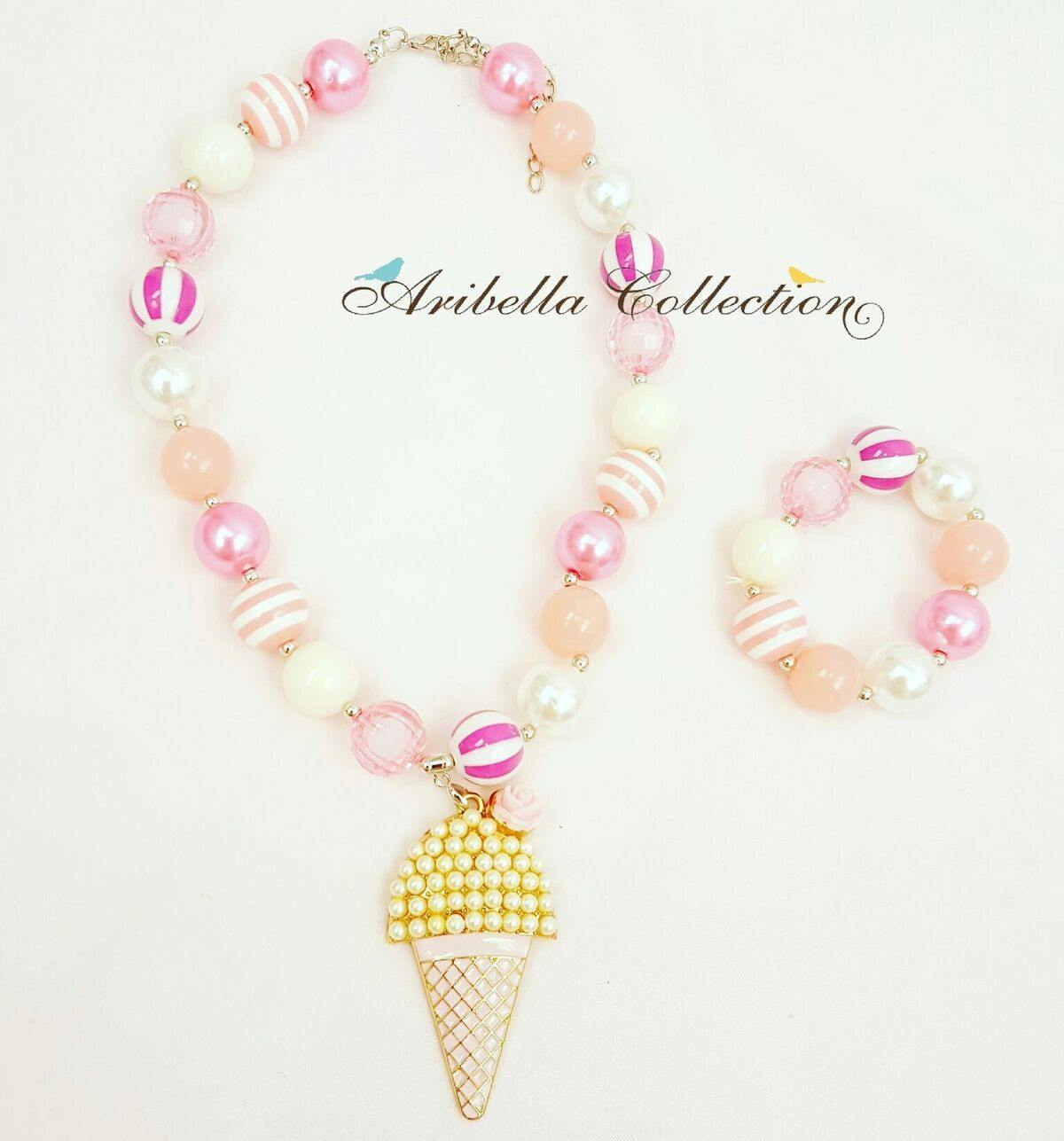 Ice Cream Bubble Gum Necklace & Bracelet - Pink - Aribella Collection, Inc.