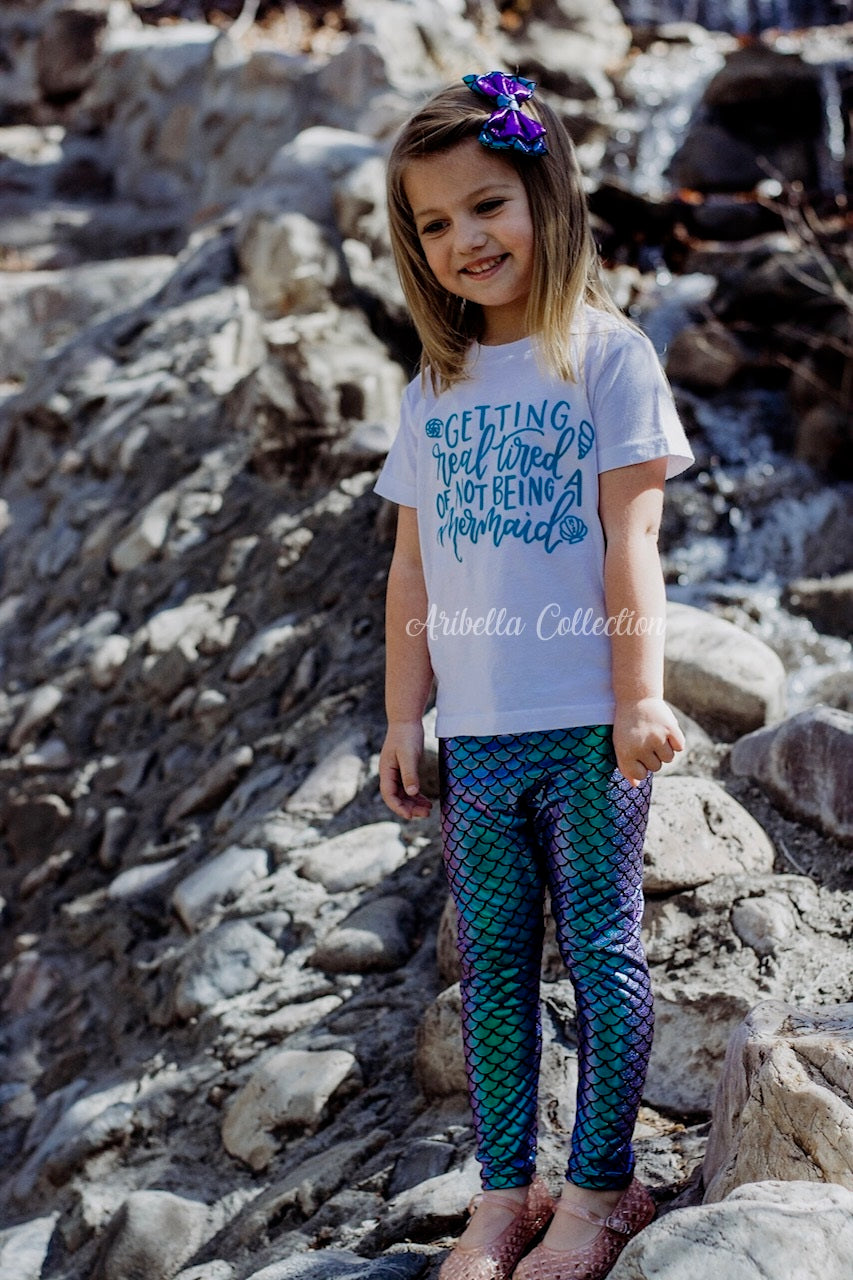 Mermaid Glitter Bodysuit or T-shirt, Legging, & Hair Clip Bow Outfit - Aribella Collection, Inc.