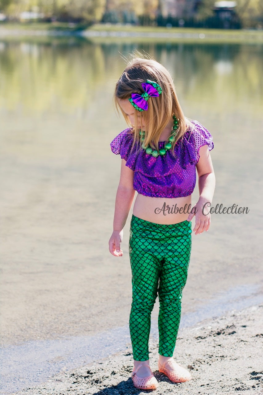 Mermaid Outfit Set - Confetti Dot Top, Leggings, & Hair Clip Bow – Aribella  Collection, Inc.