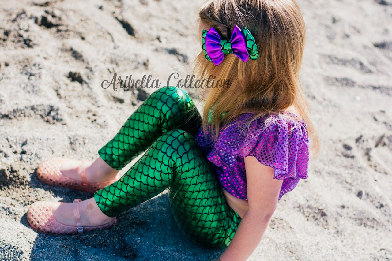 Mermaid Outfit Set - Confetti Dot Top, Leggings, & Hair Clip Bow