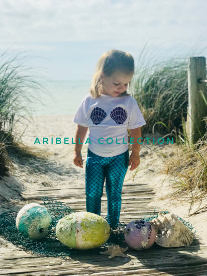 Mermaid Sea Shell Bodysuit or T-shirt, Legging, & Hair Clip Bow Outfit - Aribella Collection, Inc.