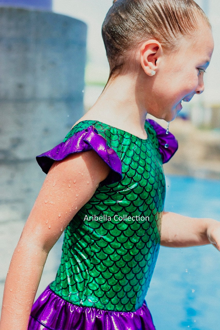 Mermaid One Piece Ruffle Bottom Swimsuit Leotard - Green/Purple - Aribella Collection, Inc.