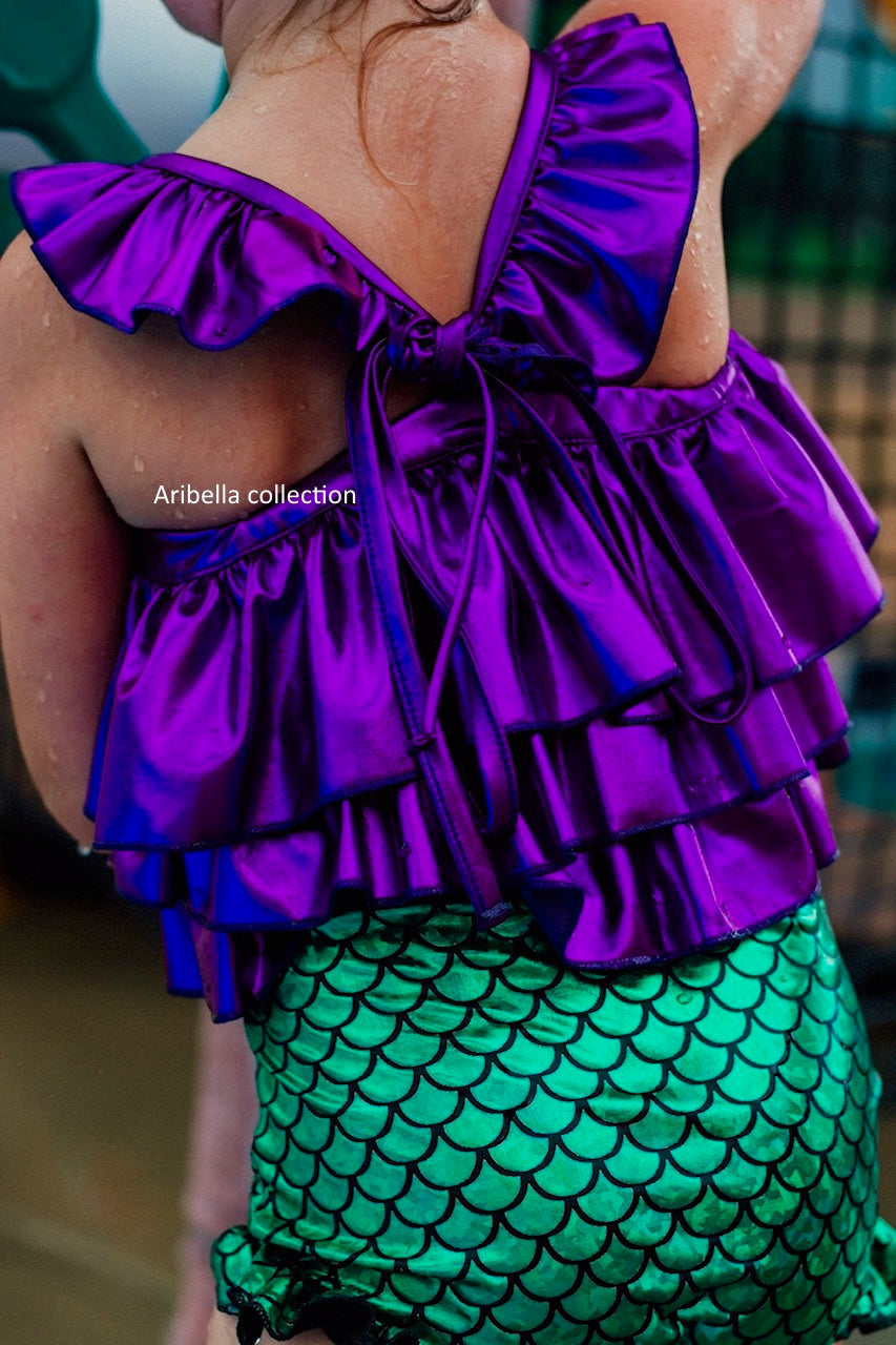 Mermaid Two Piece Swimsuit Multi Ruffle Top - Green/Purple - Aribella Collection, Inc.