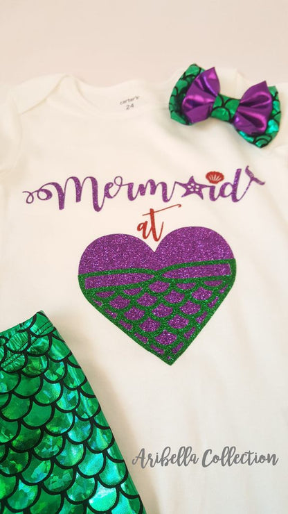Mermaid At Heart Bodysuit or T-shirt, Legging, & Hair Clip Bow Outfit - Aribella Collection, Inc.