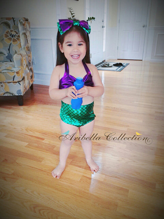 Mermaid Two Piece Swimsuit - Aqua Blue/Purple or Green/Purple - Aribella Collection, Inc.