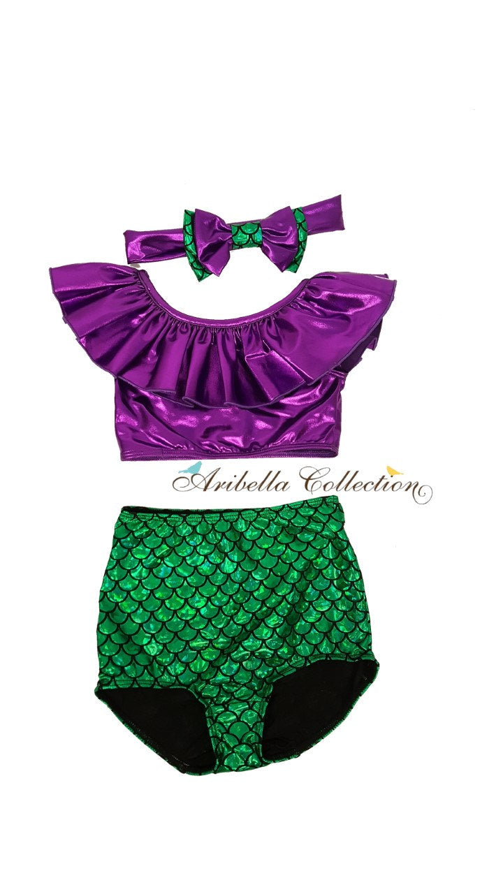 Mermaid Two Piece Ruffle Top Swimsuit - Green/Purple - Aribella Collection, Inc.