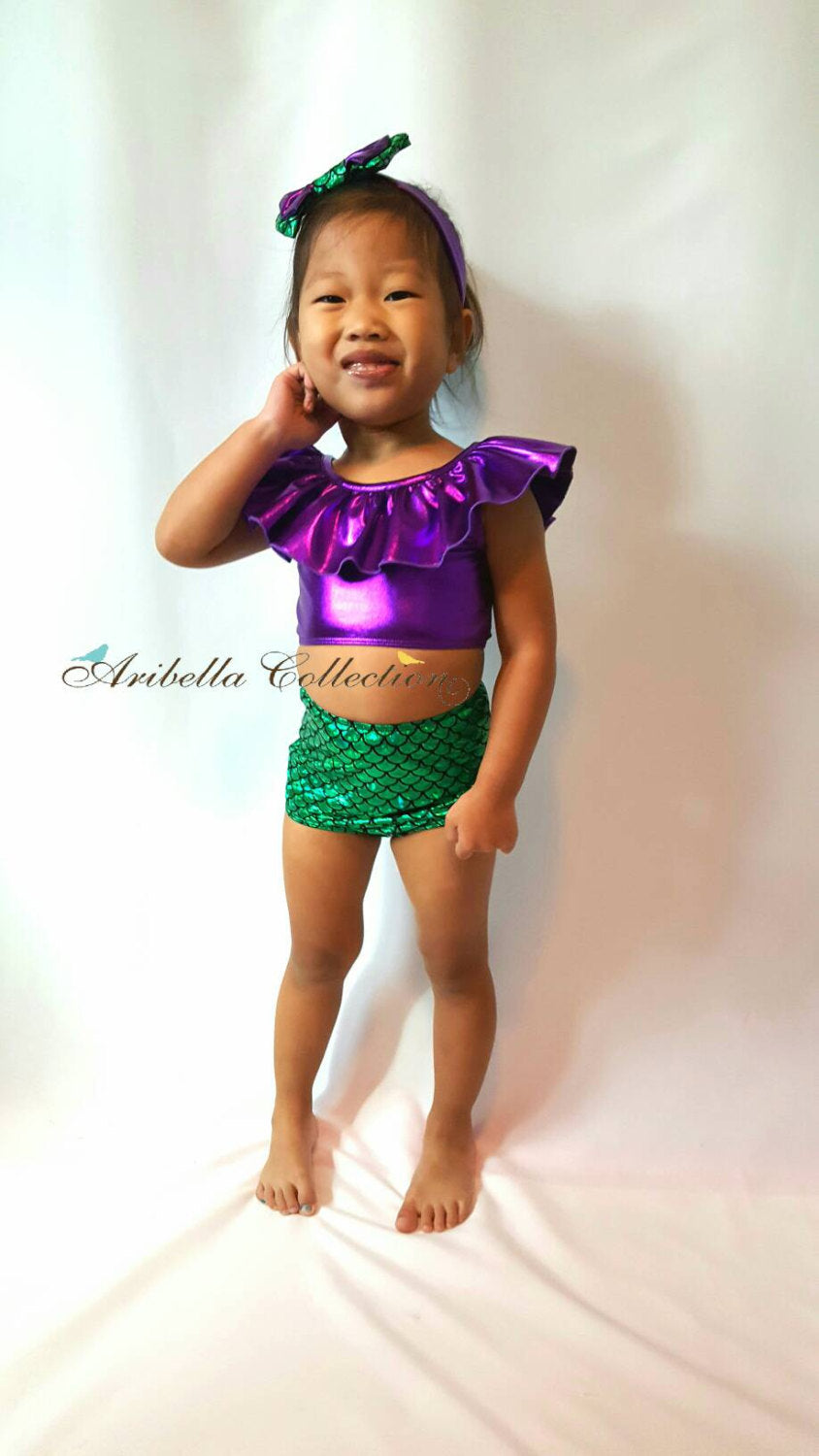 Mermaid Two Piece Ruffle Top Swimsuit - Green/Purple - Aribella Collection, Inc.