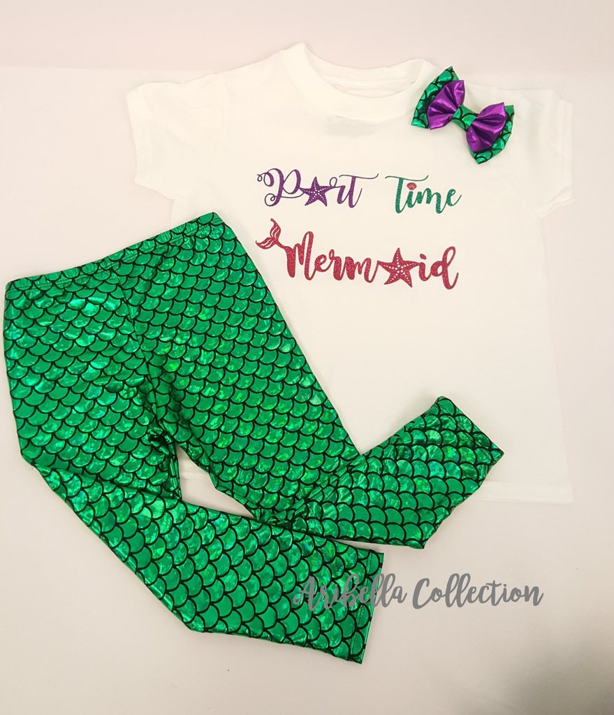 Part Time Mermaid Outfit - Bodysuit or T-shirt, Legging, & Hair Bow - Aribella Collection, Inc.