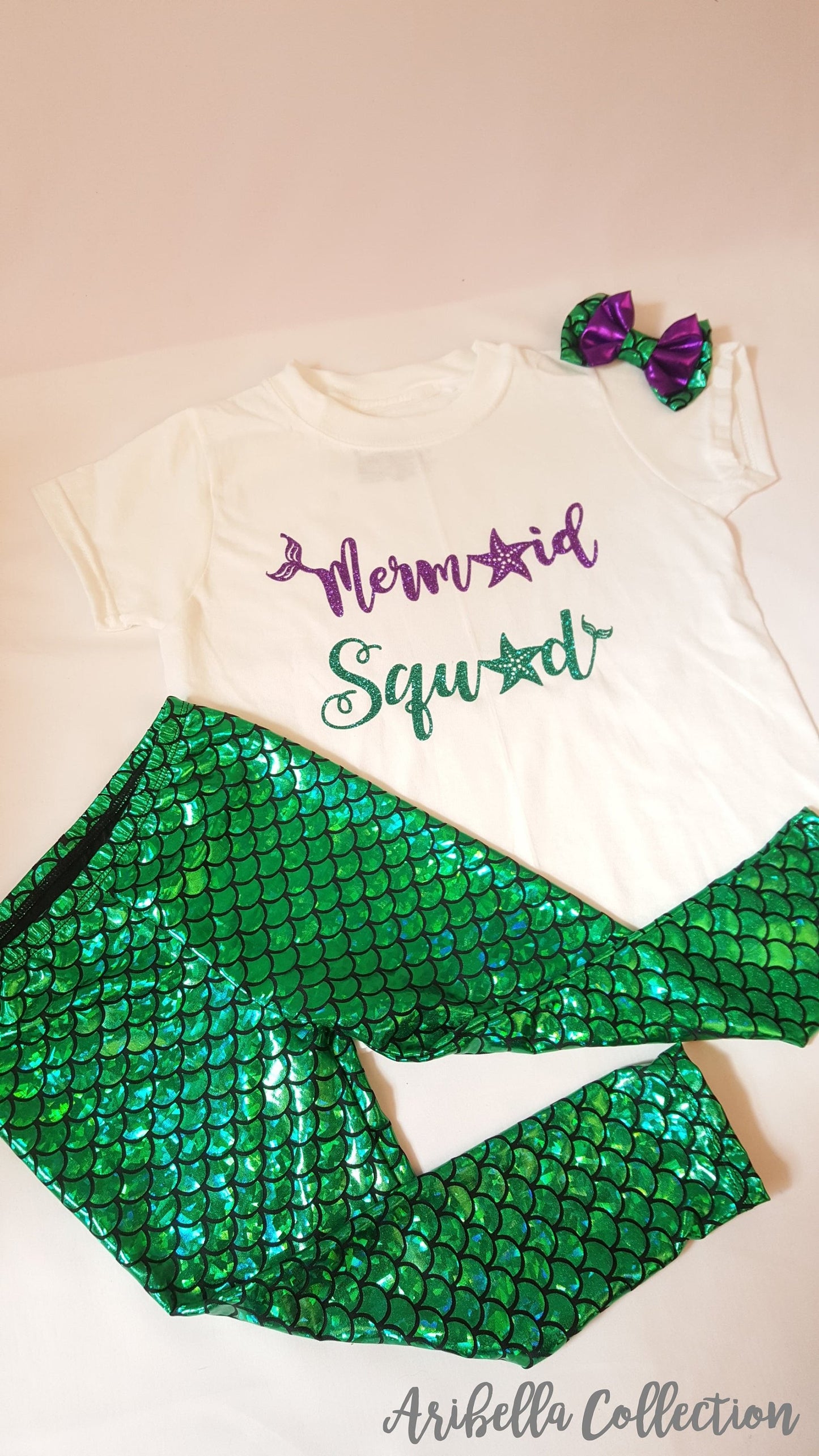 Mermaid Squad Outfit Set - Bodysuit or T-shirt, Legging, & Hair Bow - Aribella Collection, Inc.