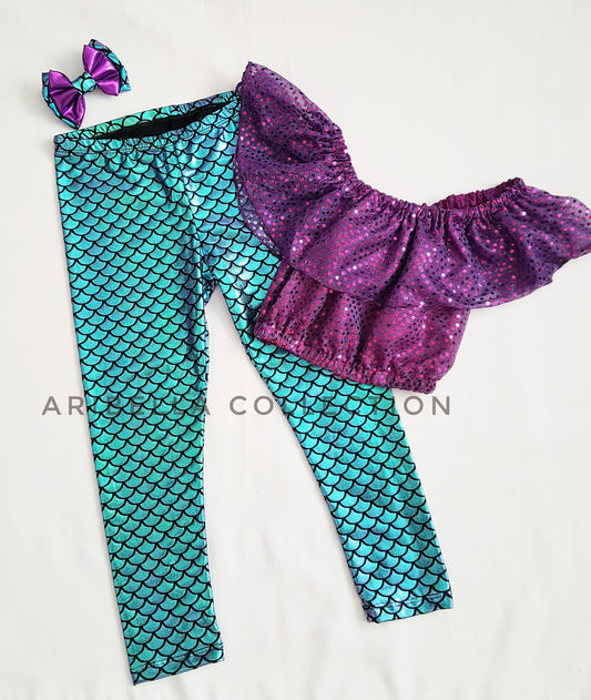 Mermaid Outfit Set - Confetti Dot Top, Leggings, & Hair Clip Bow - Aribella Collection, Inc.