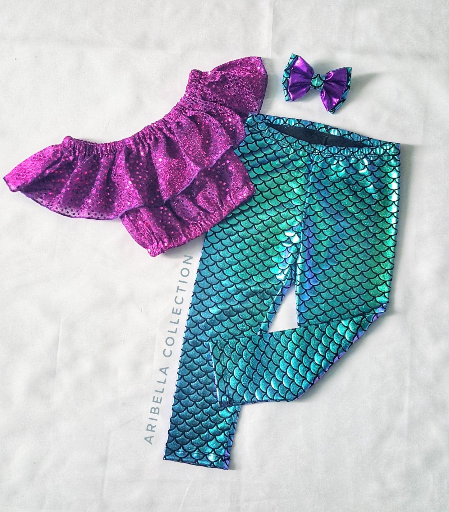 Mermaid Outfit Set - Confetti Dot Top, Leggings, & Hair Clip Bow - Aribella Collection, Inc.